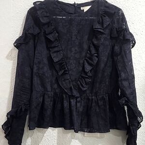 H&M black Lace Ruffled Jaquard long sleeve Cotton Feminine Peplum Blouse